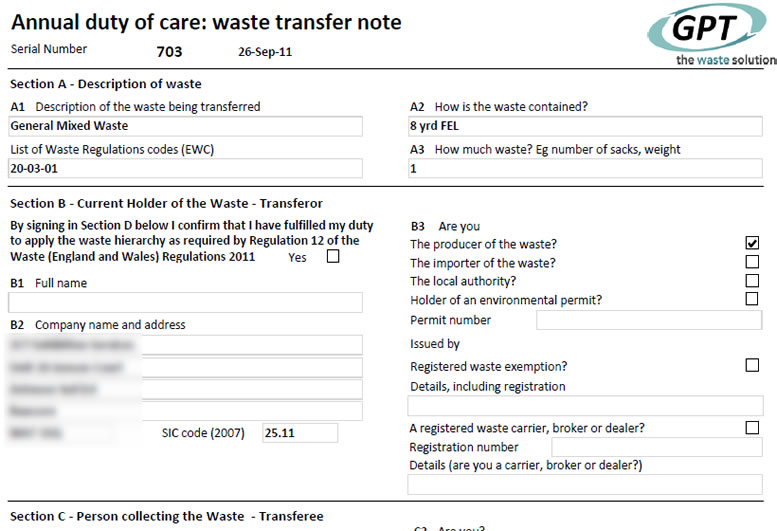 Duty of Care - Waste Transfer Note