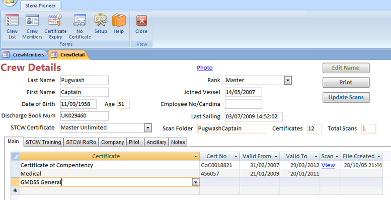 Stena Crew Certificate Database